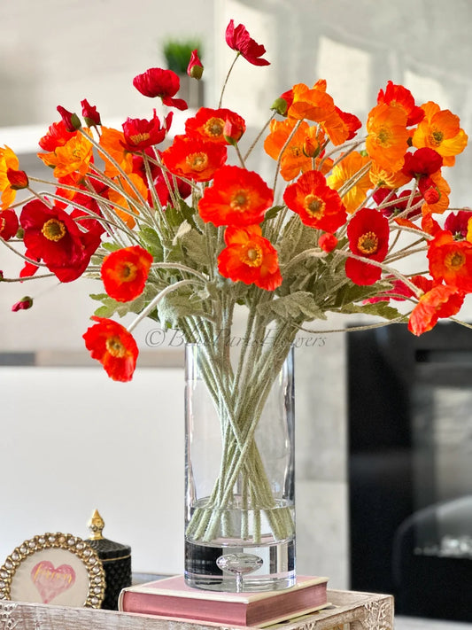 Hot Poppies Floral Arrangement, Spring Summer Wedding Artificial Flower Centerpiece, Faux Silk Arrangement in Glass Vase Flower French Decor